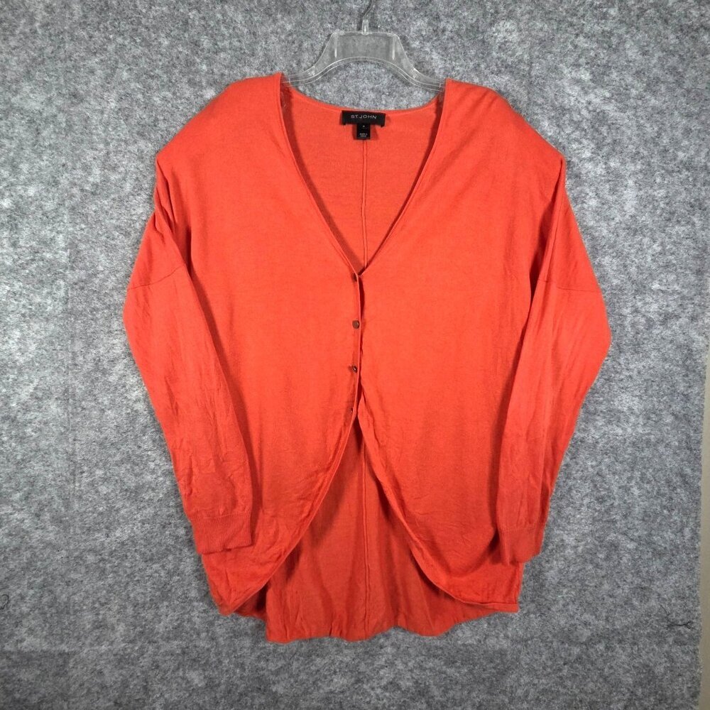 St. John Women's Orange Silk Cashmere Cardigan Sweater Long Sleeve Knit Top XL R - Picture 2 of 9